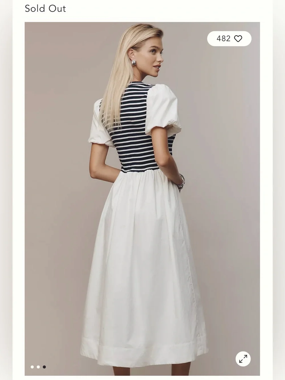 Maeve Striped Bodice Puff-Sleeve Midi Dress in White and Black - Picture 3 of 15